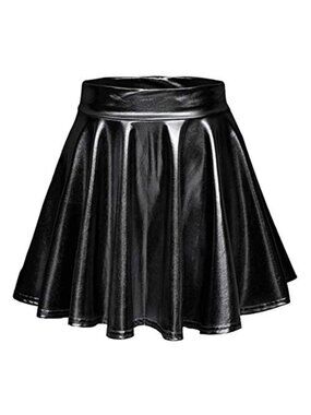 Women's Metallic Wet Look Stretchy Flared Mini Skater Skirt High Rise